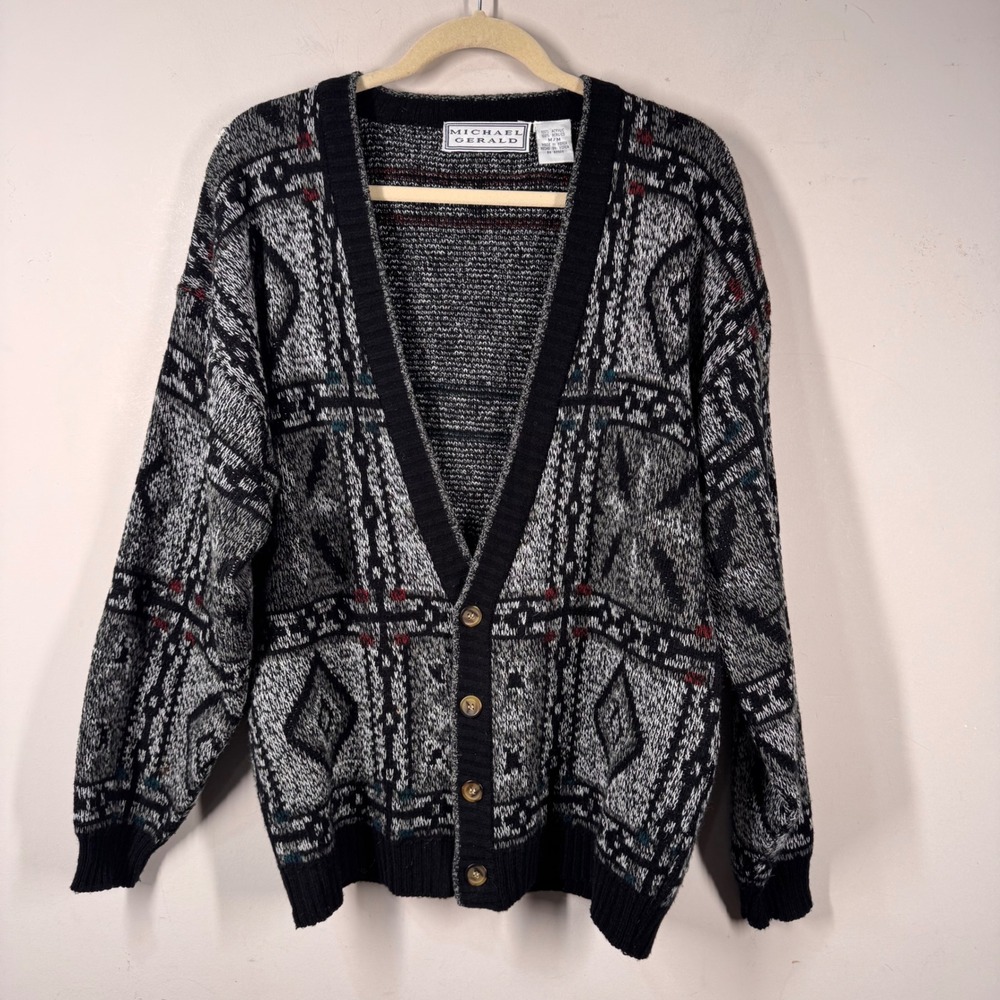 Michael Gerald Vintage Mens Cardigan Sweater Gray Geometric Knit Size M